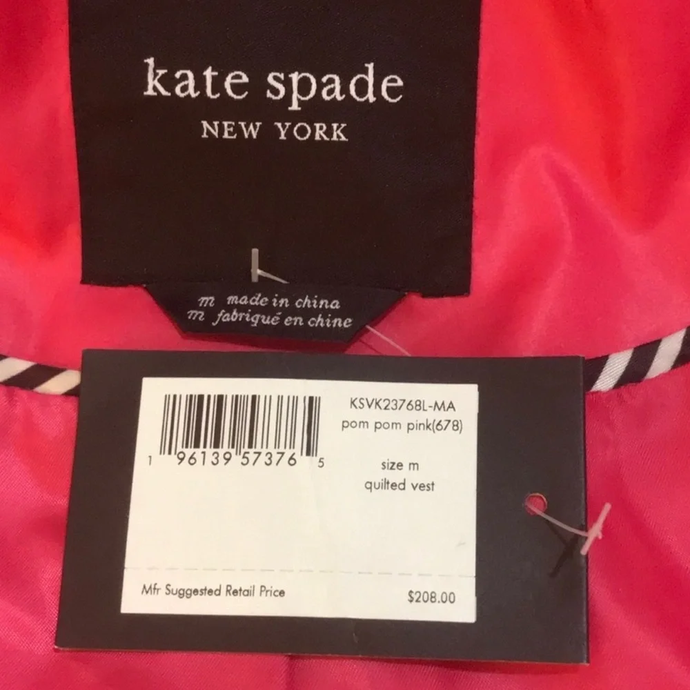 NWT KATE SPADE QUILTED VEST IN BRIGHT PINK SIZE M POM POM‎ PINK BARBIE PINK